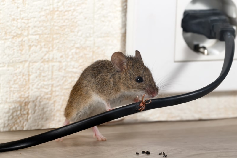 Mouse biting wire plugged into wall