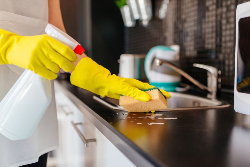 Woman cleaning kitchen cabinets with sponge and spray cleaner.