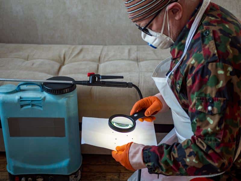 exterminator looking at bed bugs on a paper through a magnifying glass by a couch