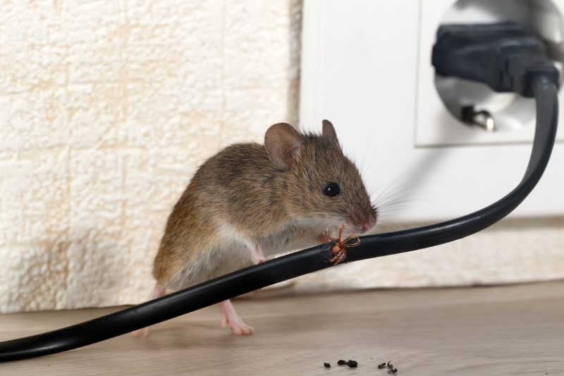 Closeup mouse gnaws wire in an apartment 