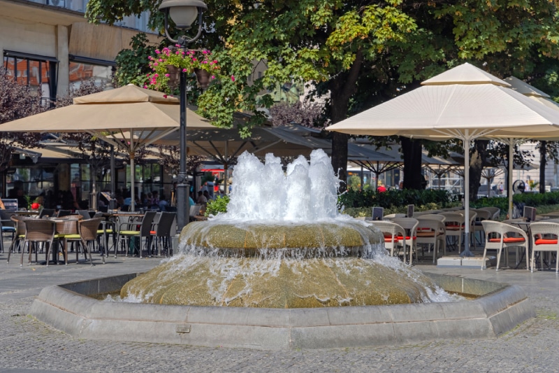 water fountain in the middle of a restaurant