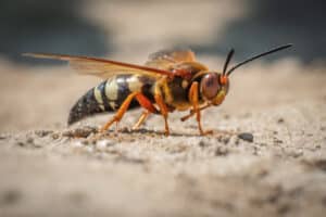 Close up of a cicada killer wasp on dirt