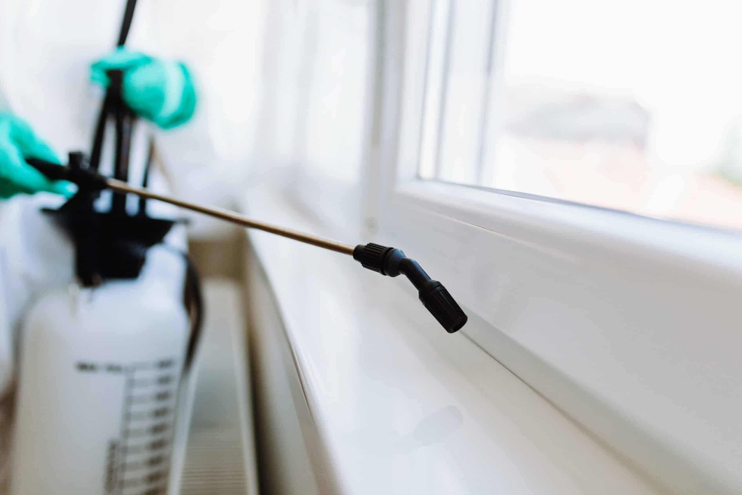 A close-up of a pest control professional with teal gloves using a sprayer to apply a pest control solution to a white interior windowsill.